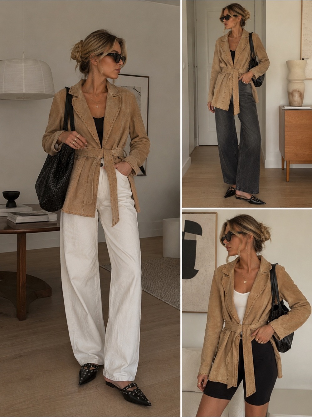 Jones New York Genuine Suede Leather Belted Jacket Size M Tan Whipstitch